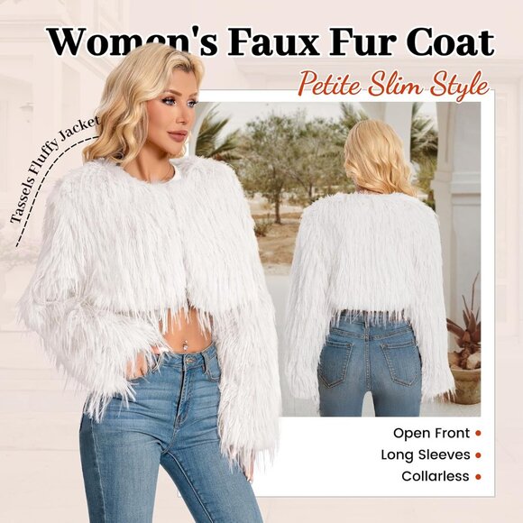 Women's Faux Fur Coat White Slim Cropped Fuzzy Fur Fluffy Fall Winter Jacket - Picture 4 of 5